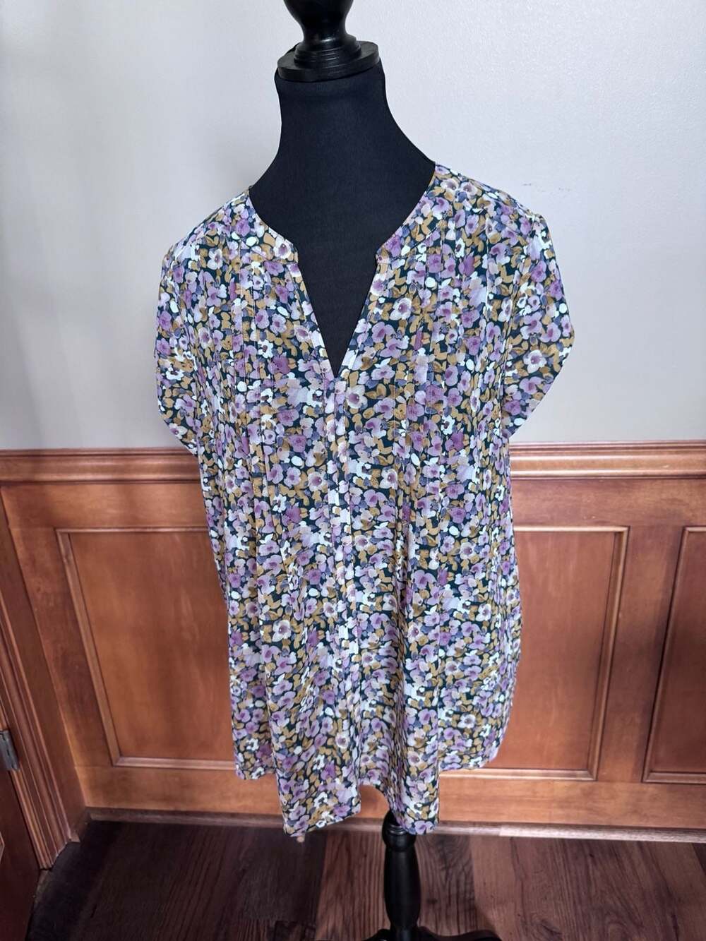 Monday Fun Purple Floral Print V-Neck Short Sleeve Blouse XL